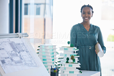Buy stock photo Female architect with architecture design, 3D model structure and creative blueprint sketch tools for a new designing project. Professional construction planner or artist with business framework plan