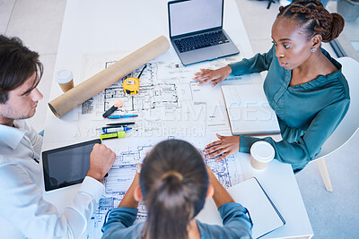 Buy stock photo Architect blueprints, engineers and designers analyzing drawing, draft and sketch plan for construction project, layout and building from above. Team collaboration planning for property development