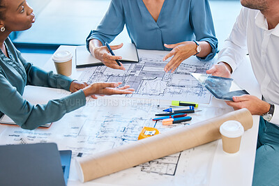 Buy stock photo Blueprints, architects and building engineers talking, meeting and planning renovation, remodeling or floor plan with tablet. Diverse group of designers arguing over structure design and vision ideas