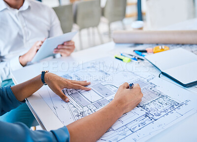Buy stock photo Architect sketching, designing blueprint or doing architecture, engineering or structure drawing on paper at a work studio with hands closeup. Business person working on a design project development