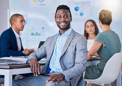 Buy stock photo Leadership, innovation and vision of a smiling business man leading a meeting in a modern office. Leader, professional and empowered man discussing innovative strategies, marketing and planning. 