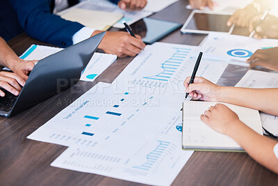 Buy stock photo Planning target, marketing goal and business meeting with people looking at budget report, charts and graphs on laptop in a boardroom meeting. Corporate company workers in sales and budget discussion