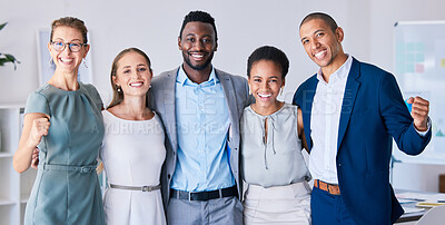 Buy stock photo Multicultural, smiling and celebrating success, a startup group in a modern office. Attractive, diverse, young and happy team in the workplace, ready to work and support future financial projects.