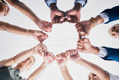 Buy stock photo Group of business people, team building hands or fists in a circle in unity. Support, motivation and collaboration in an office partnership. Meeting success in diversity, communication and teamwork.