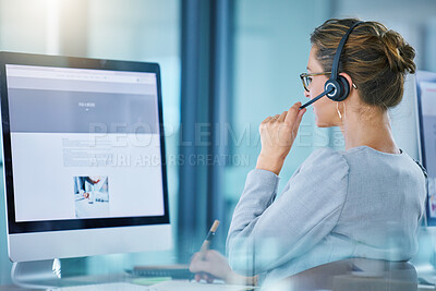 Buy stock photo CRM call center agent talking using wireless headset, consulting client online, giving feedback, working on computer. Helpdesk hotline support operator browsing internet doing customer service work.