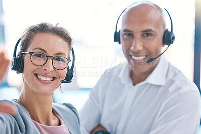 Buy stock photo Selfie of call center operator, marketing agent and sales consultants on webcam video call in an office. Friendly, smiling and helpful support staff consulting contact us hotline for customer service