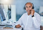 Sales man, call center agent and customer service support operator giving friendly, help and expert communication while working in an office. Portrait of consultant, crm telemarketing and contact us