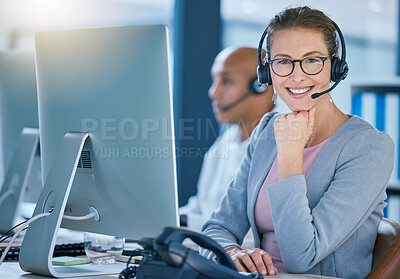 Buy stock photo Call center agent, telemarketing employee or customer service worker is happy and smiling in the office. Portrait of a caucasian female sales representative ready and excited to help and answer calls