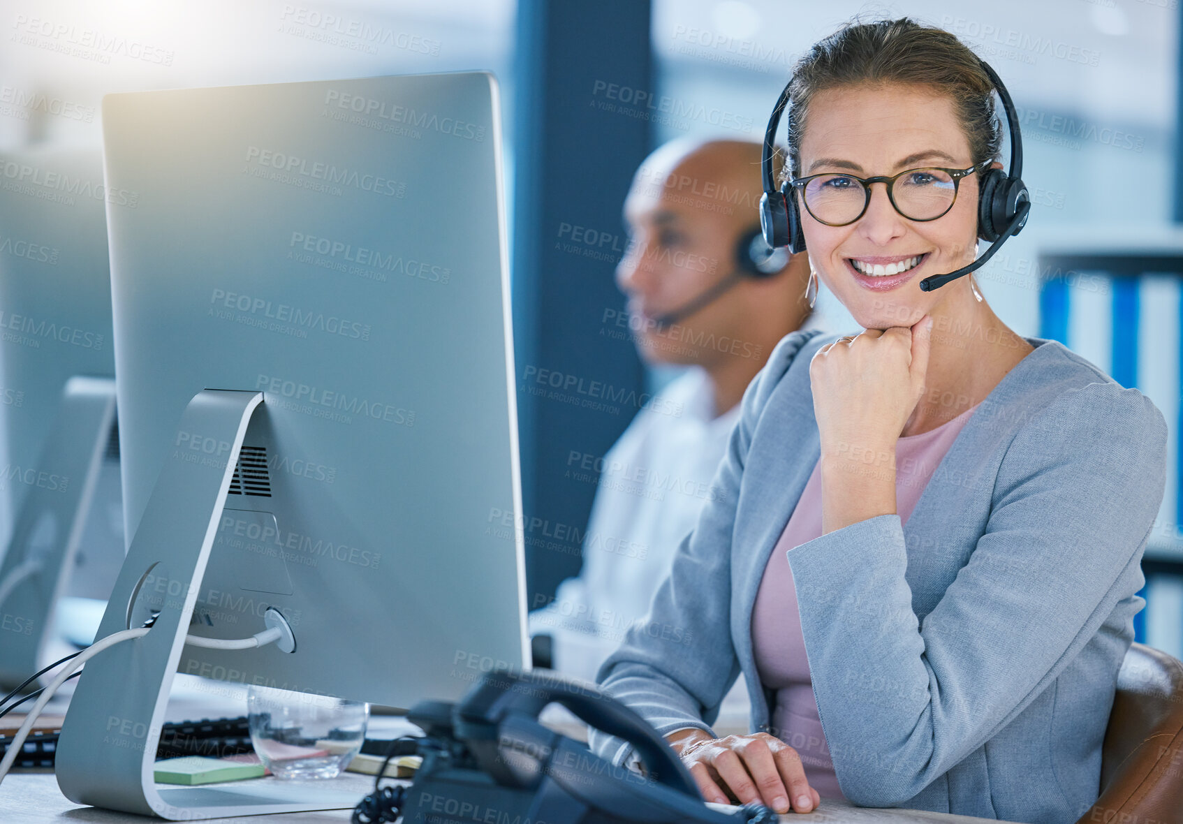 Buy stock photo Call center agent, telemarketing employee or customer service worker is happy and smiling in the office. Portrait of a caucasian female sales representative ready and excited to help and answer calls