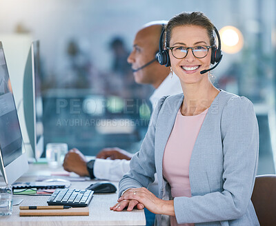 Buy stock photo Woman call center agent working in office, employee looking confident and helping people online on computer at work. Portrait of happy customer service worker giving support at startup company