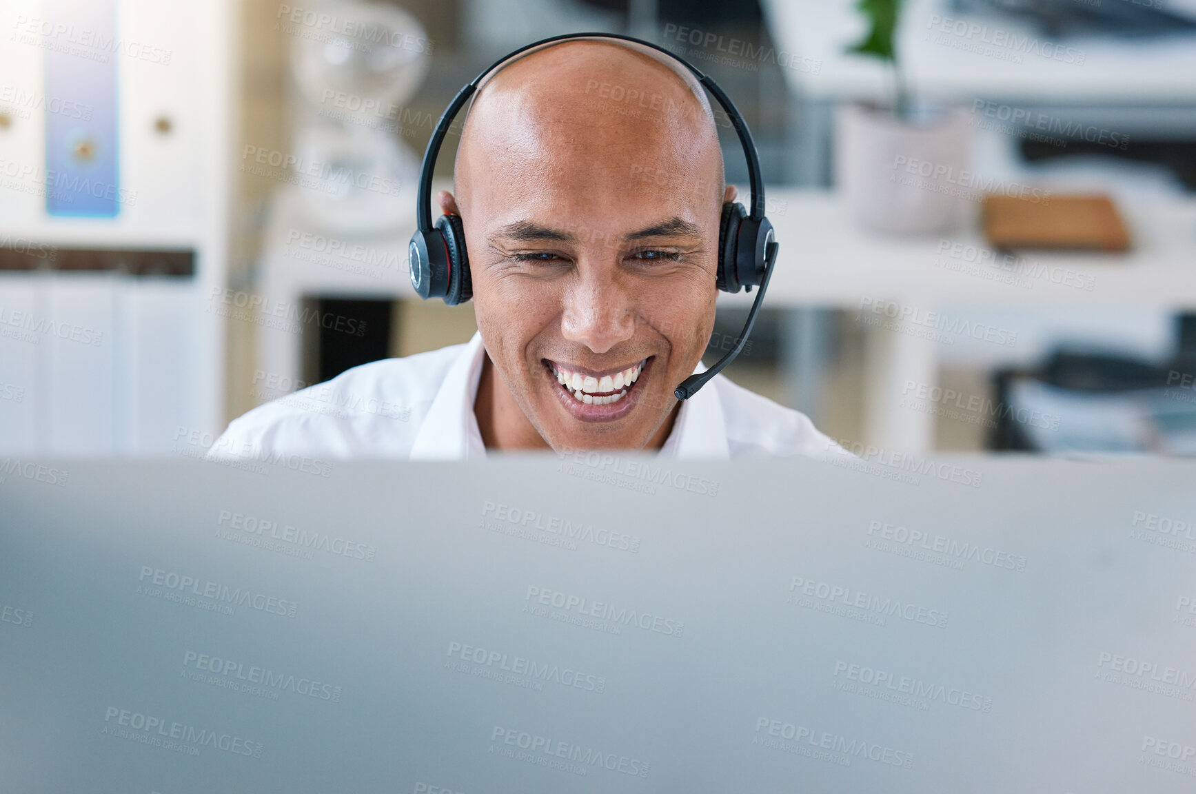 Buy stock photo Customer support, receptionist or call center agent consulting with wireless headset. Happy telemarketer working in ecommerce with technology. Smiling hotline operator doing crm communication
