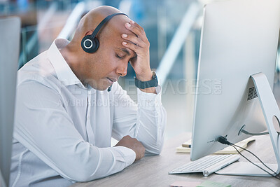 Buy stock photo Stressed, tired and headache of working sales consultant, call center agent or customer service advisor. Overworked, worried or frustrated phone operator employee at contact us helpdesk agency