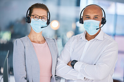 Buy stock photo Customer service workers, with protection from covid and wearing masks for heath. Online support, IT or call center employees with headset, social distancing during corona virus pandemic or lockdown
