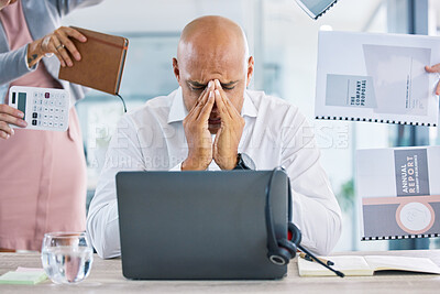 Buy stock photo Stress, deadline and mental burnout with anxious, worried and frustrated business man in office. Overworked, annoyed and tired worker with headache, pressure and trouble for demands in busy workplace