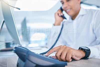 Buy stock photo Call center business, administration consultant and sales man networking, talking and consulting on phone for crm telemarketing. Customer service support, service and communication contact for help