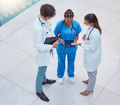 Buy stock photo Medical, healthcare team or doctors discussing or consulting patient diagnosis or treatment in hospital. Professional medicine gp, nurse practitioners or health physicians working in a clinic    