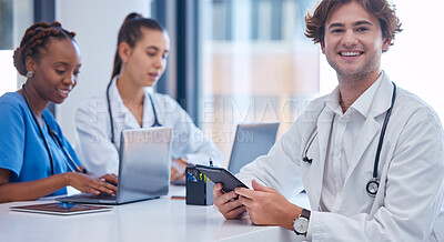 Buy stock photo Team medical students or doctors consulting team mentors or healthcare physicians discussing patient medicine  treatments in hospital. Professional male gp consulting nurses about illness diagnosis 