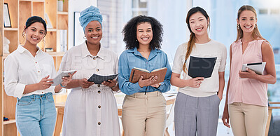 Buy stock photo Team of female digital marketing or social media planners working in a creative agency for online seo or website design. Portrait of empowering women in diverse workplace with good ideas and strategy
