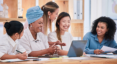 Buy stock photo Multicultural females only talking and planning business strategy and growth together in a meeting at the office. A happy marketing team of women collaborating on a project and working on a proposal