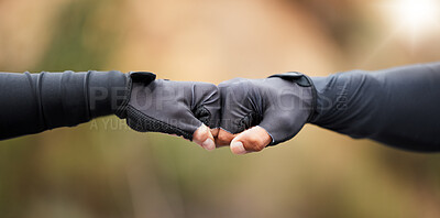 Buy stock photo Fist bump, motivation and workout success of fitness friends after sports training in nature. Closeup of a hand gesture doing an exercise goal showing community, support and teamwork collaboration