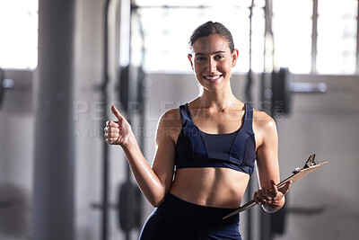 Buy stock photo Thumbs up, personal trainer and fitness coach with gym clipboard to monitor health, weight loss and muscle growth. Portrait of excited woman and fit athlete supporting exercise, workout and training
