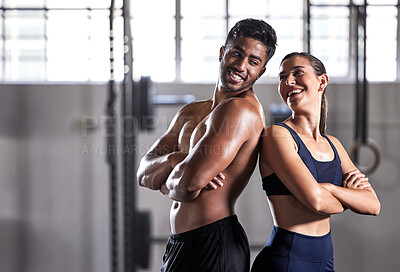 Buy stock photo Team, gym and fitness couple doing exercise workout and living a healthy, wellness and athletic lifestyle together. Happy, energy and strong friends using teamwork for fun motivation in training