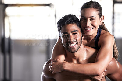 Buy stock photo Fitness couple, gym friends and team hugging, holding and celebrating successful workout, training and exercise together. Portrait of smiling, happy and healthy man and woman after wellness teamwork