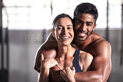Buy stock photo Muscular, strong and sensual couple with fit, healthy and sweaty arms from workout training in wellness gym. Hot, perfect and fit boyfriend and girlfriend hugging, embracing after endurance exercise