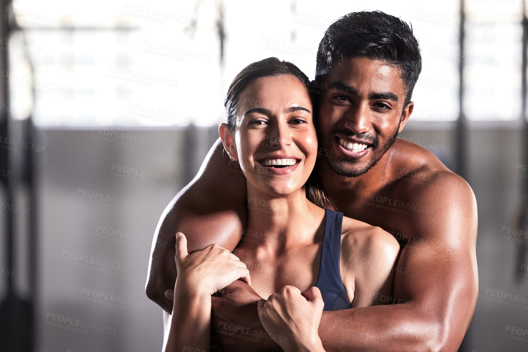 Buy stock photo Muscular, strong and sensual couple with fit, healthy and sweaty arms from workout training in wellness gym. Hot, perfect and fit boyfriend and girlfriend hugging, embracing after endurance exercise