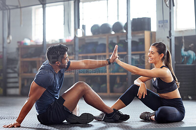 Buy stock photo Gym wellness couple high five for success or good exercise and well done gesture for reaching fitness goal. Active trainer and client woman celebrating a great workout, training or exercising session
