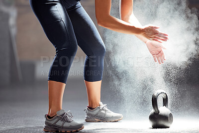 Buy stock photo Fit, dust, kettle bell of female in fitness clapping hands of chalk in the gym. Healthy, wellness and athletic woman preparing for training exercise or workout, motivation and sports.