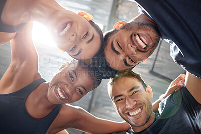 Buy stock photo Fitness, workout and exercise group huddle and hug with an excited energy, motivation and teamwork. Team of training friends looking happy with community support at a sports wellness gym or club