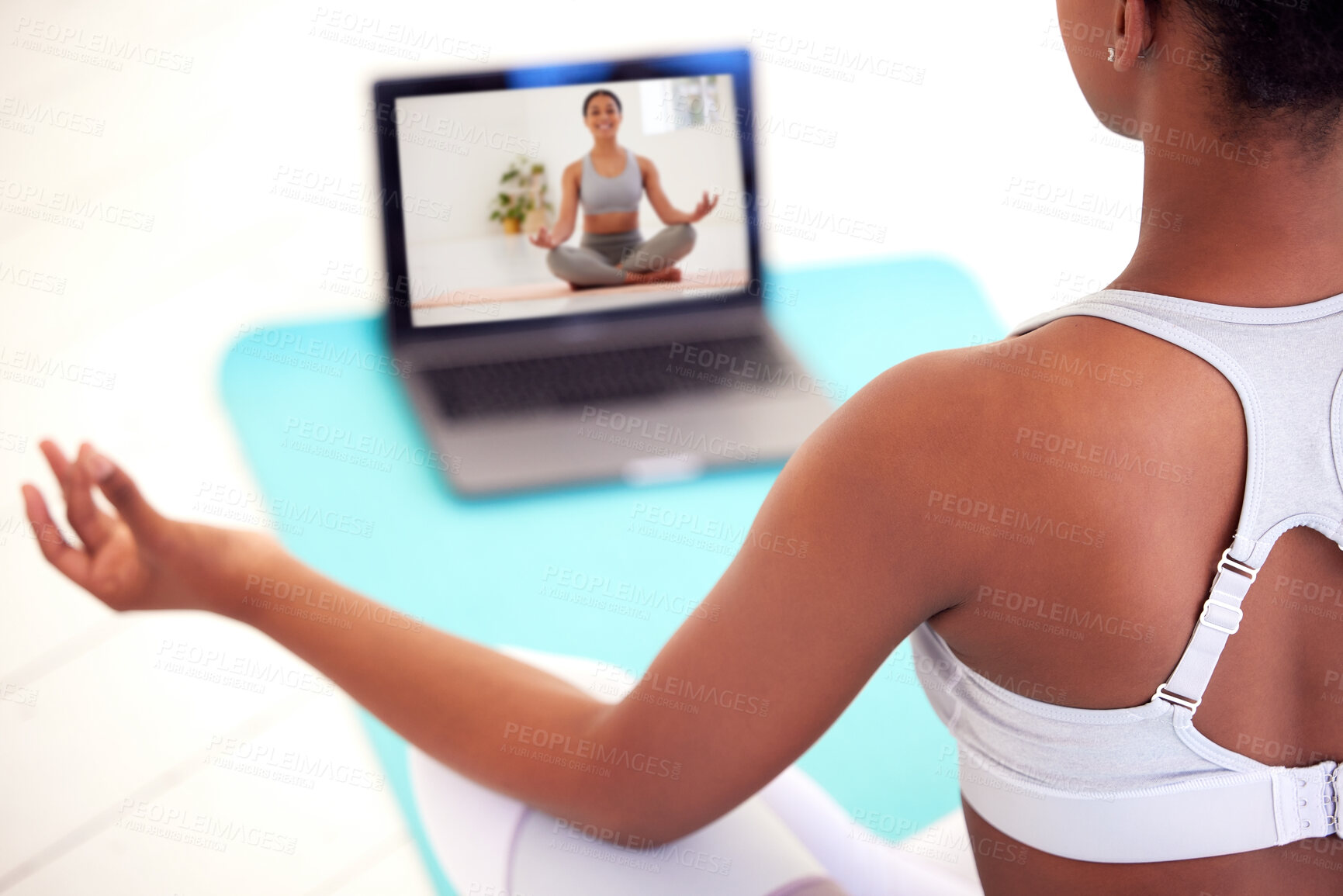 Buy stock photo Streaming on laptop for yoga, meditation and zen tutorial, class and webinar in home lockdown or quarantine. Relaxed, healthy or calm woman meditating for balance, holistic breathing or mental health
