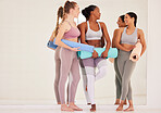 Fitness, wellness or health yoga friends bonding, talking and laughing in sports training, pilates workout or meditation studio. Calm, relax or happy women in diversity zen class in holistic exercise