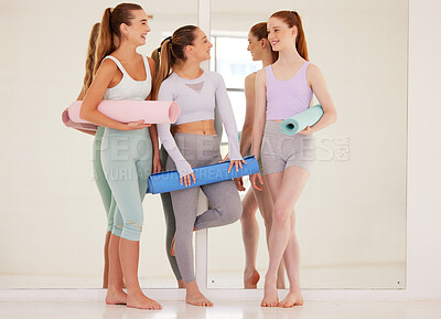 Buy stock photo Yoga, fitness and exercise with a group of young women training for health, wellness and an active lifestyle. Friends, sports people and healthy girls talking or chatting after class to stay healthy