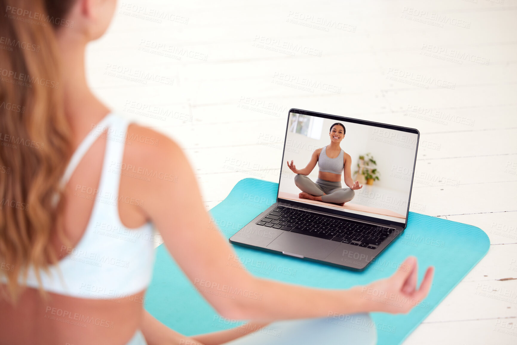Buy stock photo Yoga, meditation and wellness woman watching coach, teacher or professional health and exercise education video or live stream. Girl training and learning how to relax via online classes on a laptop