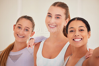Buy stock photo Fun, diverse and sporty friends selfie after routine workout, exercise or training in yoga class or pilates studio. Portrait of smiling, happy or cheerful women bonding, having fun and standing close