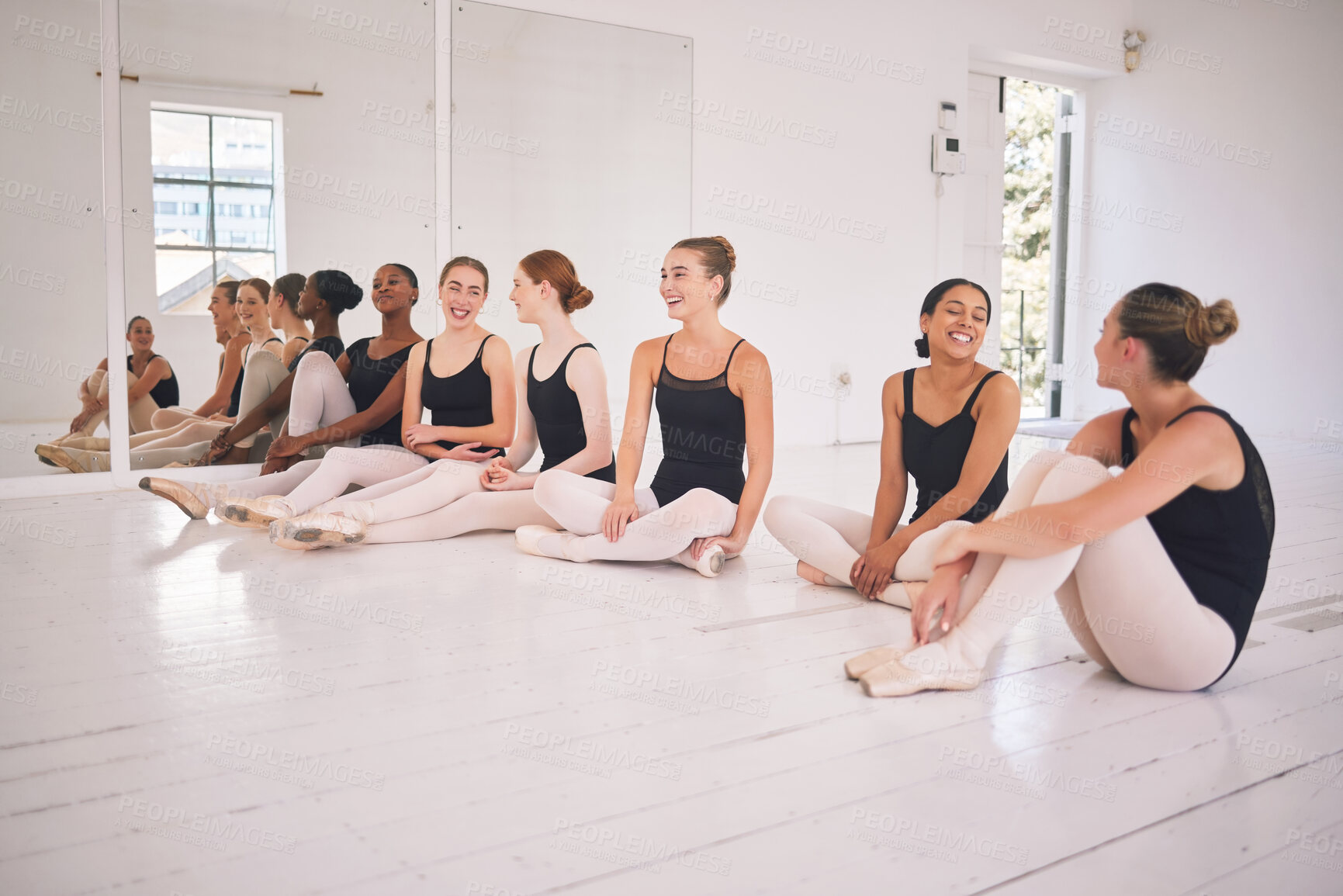 Buy stock photo Ballerina, class and ballet dancers practice, training and exercise in a hall as a young healthy and energetic group. Fitness, elegant and happy girls with energy, talented and skills in a art studio