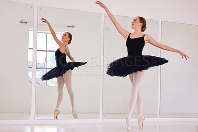 Buy stock photo Ballet dancer or ballerina in dance studio practice or training for dancing performance or competition. Elegant, flexible and beautiful young woman in tutu practicing balance and flexibility