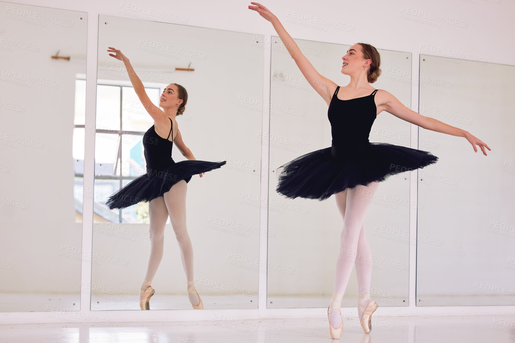 Buy stock photo Ballet dancer or ballerina in dance studio practice or training for dancing performance or competition. Elegant, flexible and beautiful young woman in tutu practicing balance and flexibility