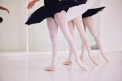 Buy stock photo Ballet dance, dancing or performing girls during practice rehearsal in studio with low angle legs sequence. Group of ballerina dancers or artist in tutu costume with shoes practicing art performance