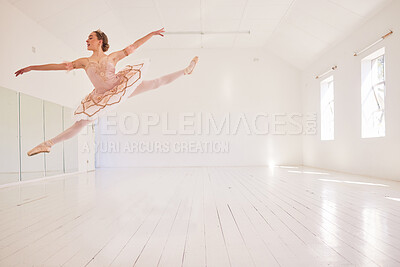 Buy stock photo Ballet, dance and jumping in studio with classy performance and agility. Fit and beautiful ballerina moving in room with elegant energy. Dancing woman with style, grace and flexibility in her motion.