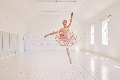Buy stock photo Ballet, passion and art performance with ballerina express freedom with classic, elegant move in a dance studio. Free female practicing a routine, jumping with high energy and perfect posture