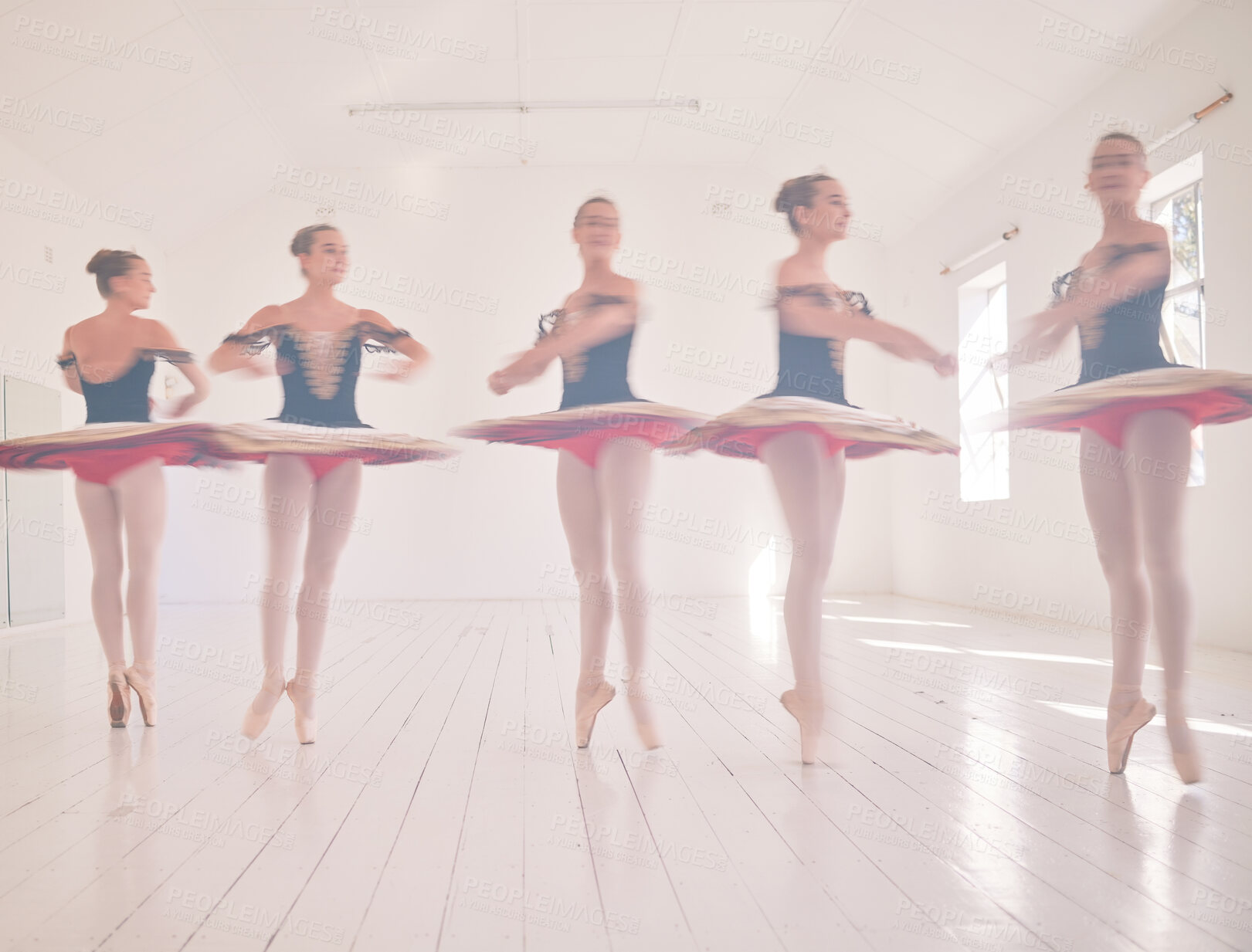 Buy stock photo Ballet dancers, fitness and women training, learning and dancing at an open studio hall space. Healthy, workout and talented ballerina girls with energy, jumping and balance to master a creative art