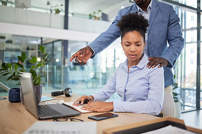 Buy stock photo Human resources, sexual harassment and office woman with businessman, manager or boss inappropriate behavior in corporate. HR company employee compliance, policy and scared and uncomfortable worker