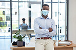 Covid, mask policy and safety in the office workplace with businessman covering his face during quarantine, lockdown or flu season. Leader, manager and professional young man at work in a pandemic.