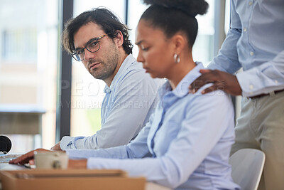 Buy stock photo Sexual harassment, inappropriate sensual work behavior with a woman worker and man seeing a crime. Business employee with fear of a ceo corporate management leader while working in a company office