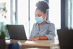 Covid, face mask and a black woman working on a laptop in a modern office. Businesswoman sick with stress at work. College student, online exam and in a campus library, protected against the virus