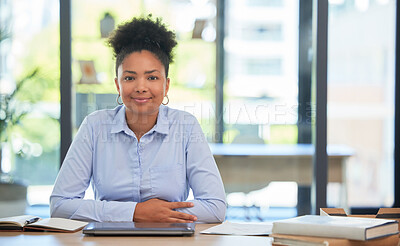 Buy stock photo Proud and relaxed business woman or financial advisor consultant with a positive mindset and vision at the office. Portrait of a young accountant smiling ready for work sitting at her desk smiling