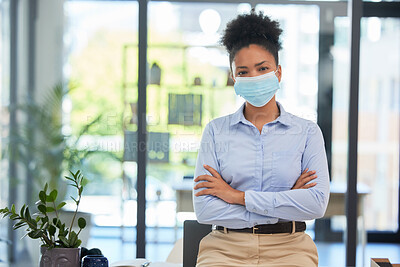 Buy stock photo Covid mask policy and safety in the office workplace with businesswoman covering her face during quarantine, lockdown or flu season. Respectful and leadership professional female in a work portrait